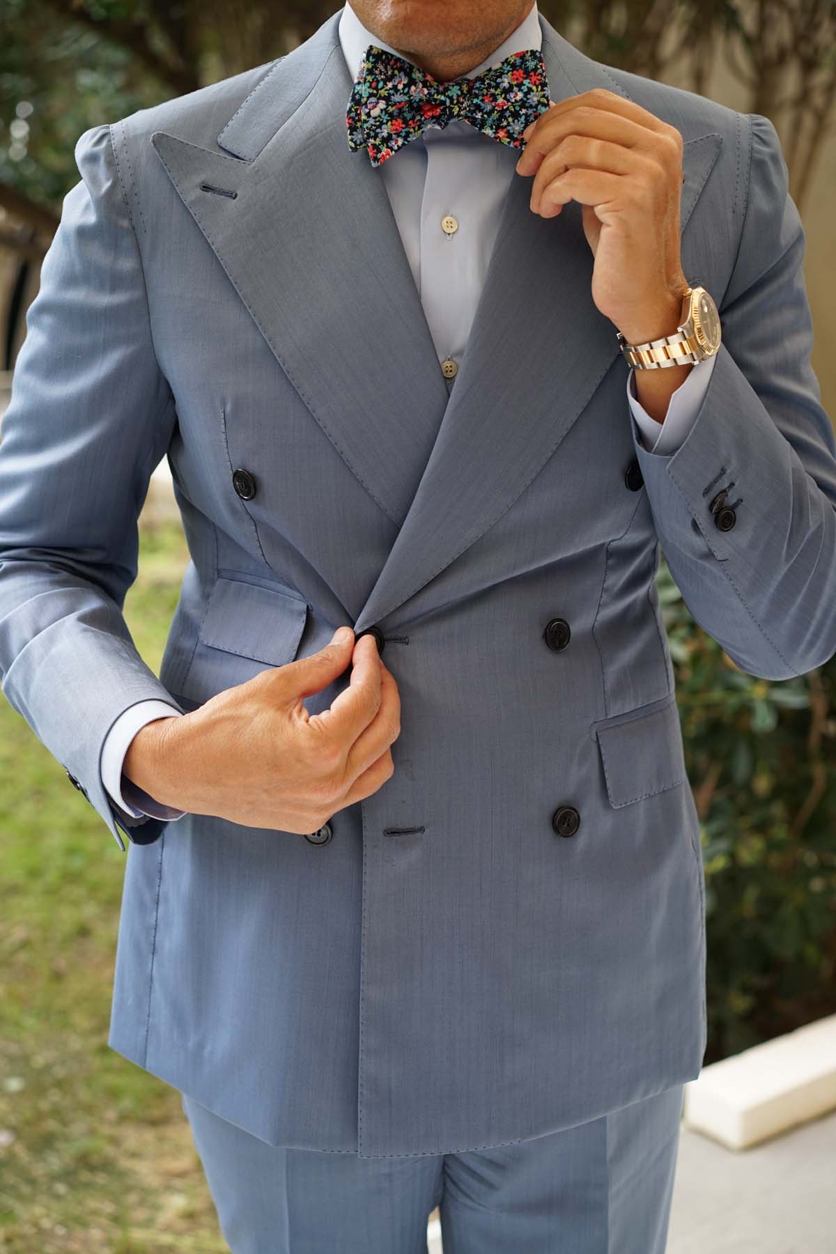 Natbeck Hawaiian Floral Pattern Silk Self Bow Tie Tropical Summer Inspired Bow Tie