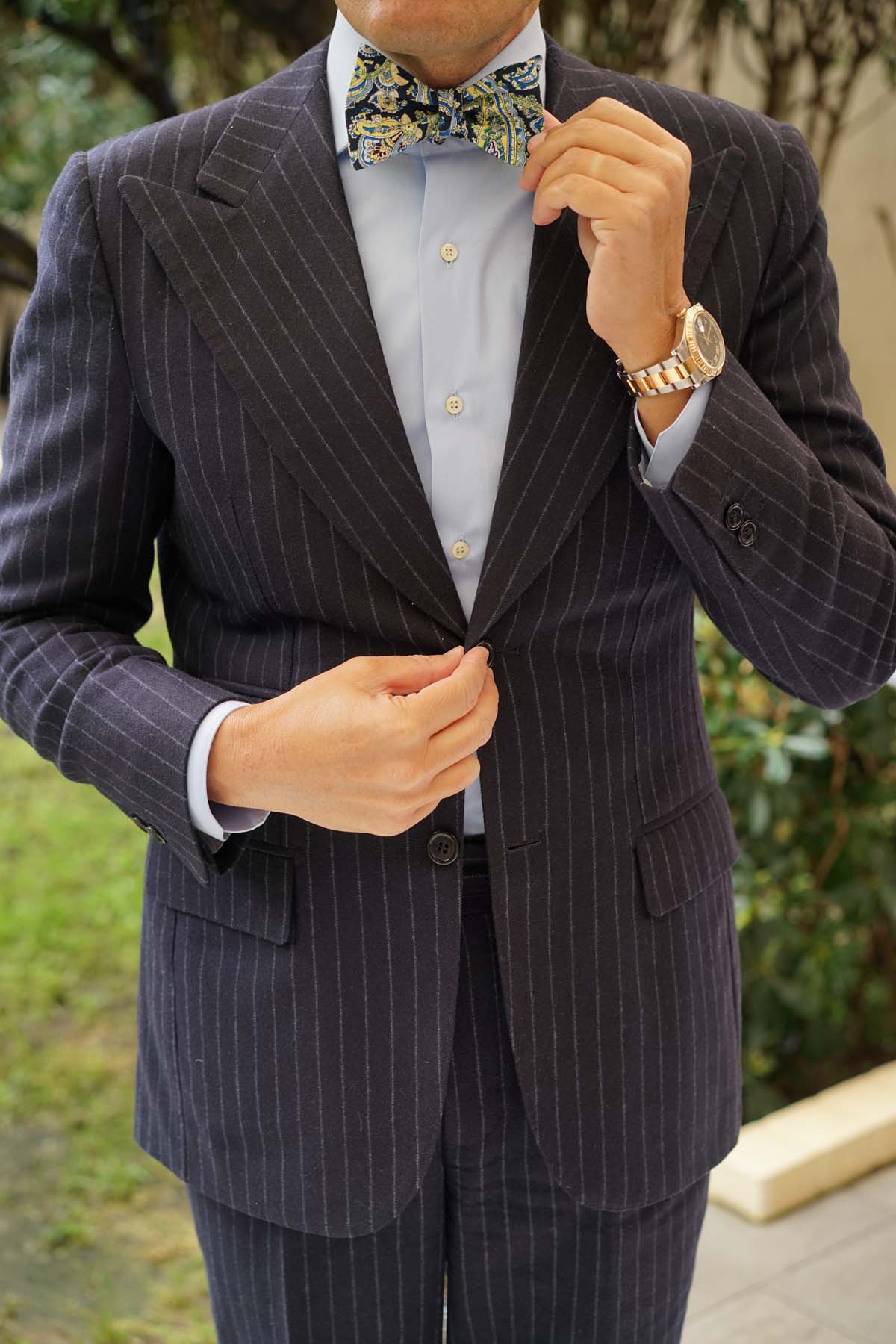 Natbeck Yellow on Blue Paisley Self Bow Tie Stylish Cotton Self Tie Bow Tie with Paisley Pattern