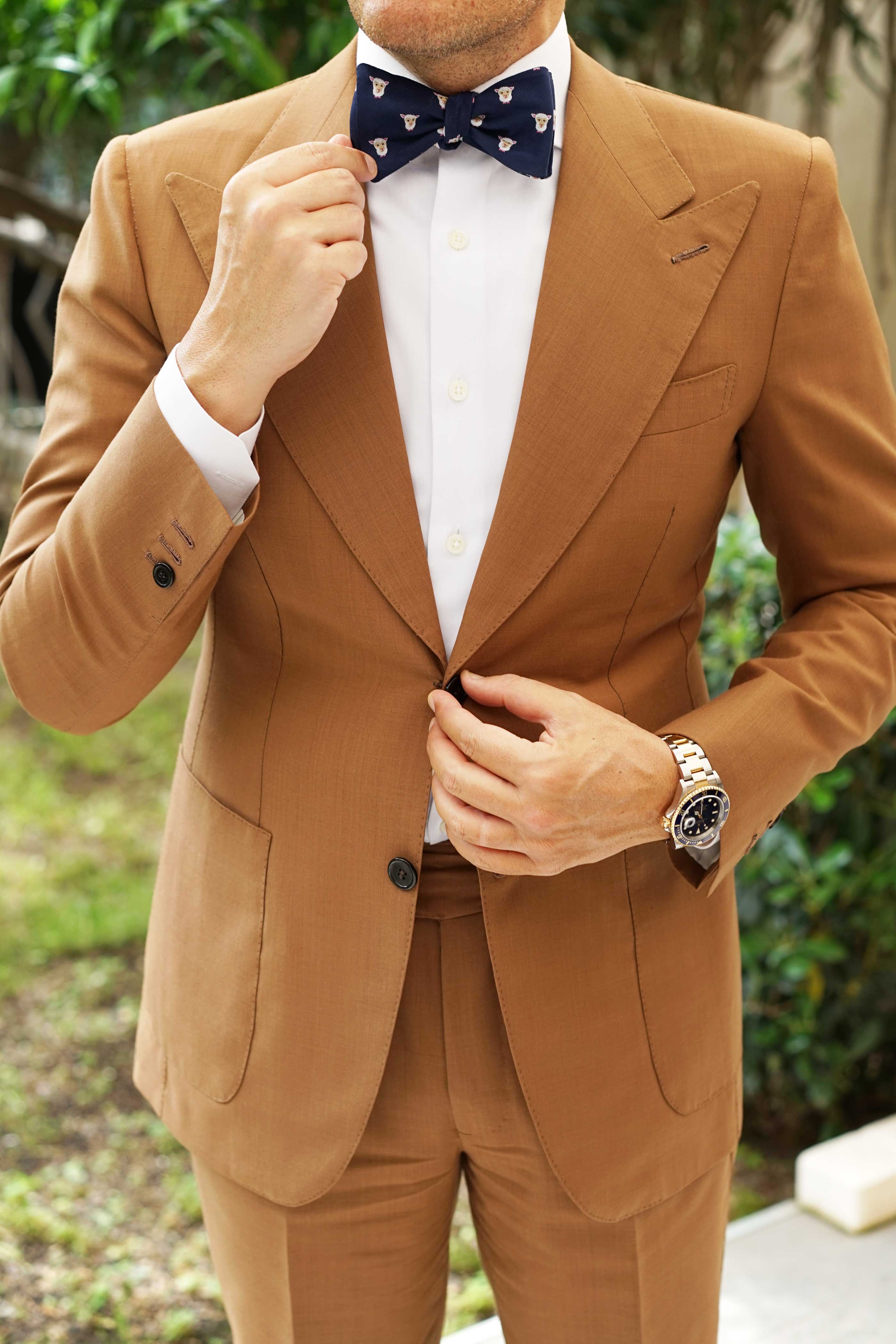 Natbeck White Sheep Self Bow Tie Cute Cotton Self Tie Bow Tie with Sheep Motif for Kids or Adults