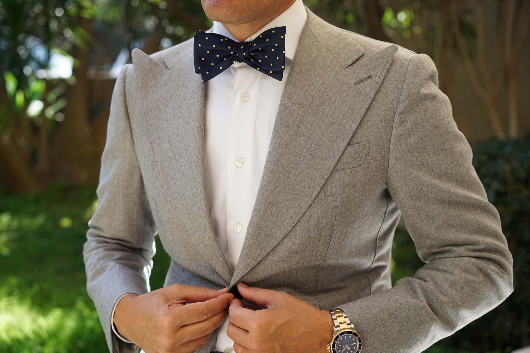 Natbeck Polka Dot Self Tie Bow Tie Elegant Navy Blue With Yellow