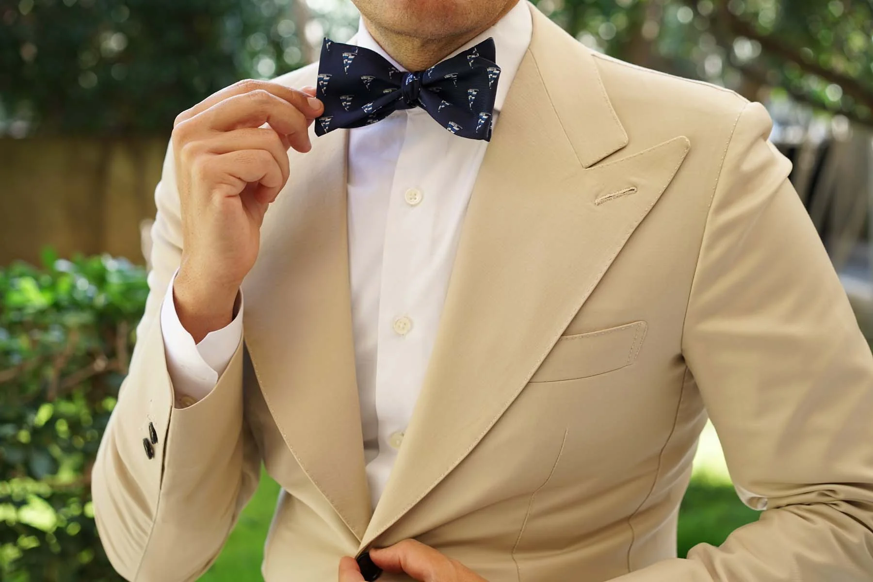 Natbeck Navy Blue Sailor Boat Self Tie Bow Tie Elegant Cotton Self Tie Bow Tie with Sailor Boat Motif