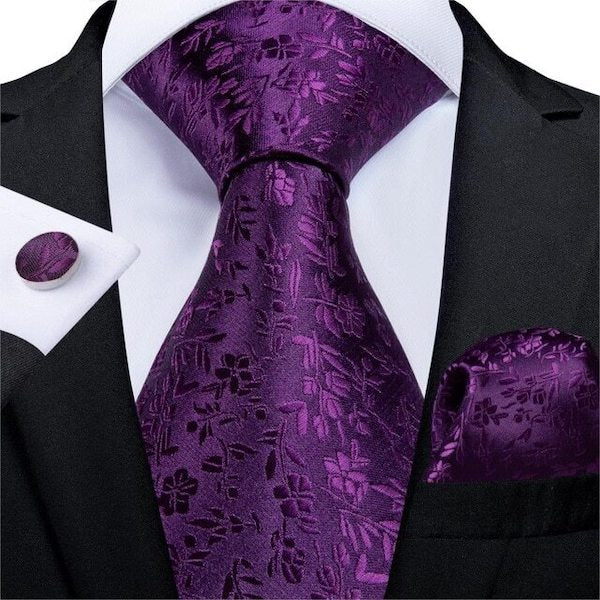 Natbeck Classy Men Royal Purple Floral Silk Tie for Formal Events