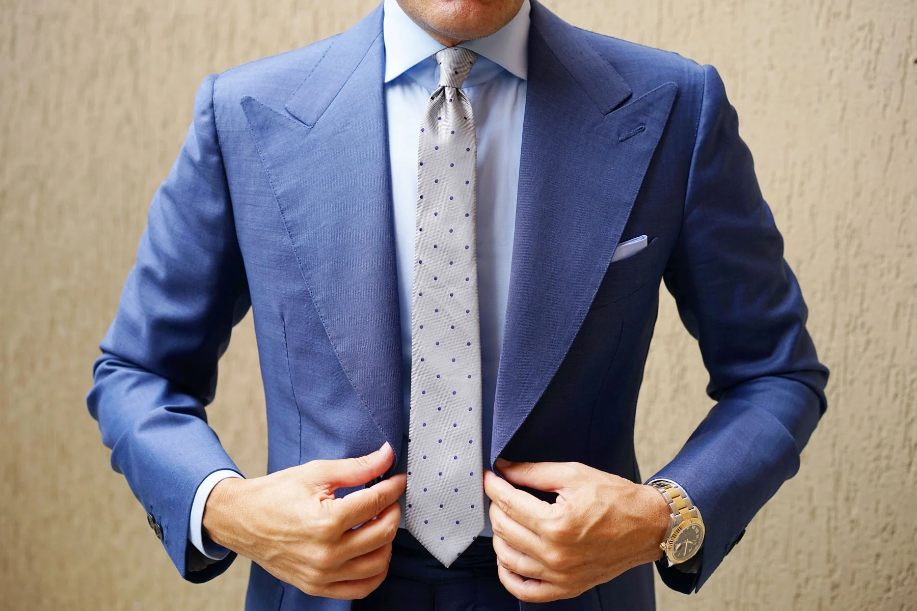 Natbeck Polka Dot Skinny Tie Grey with Navy Blue Dots