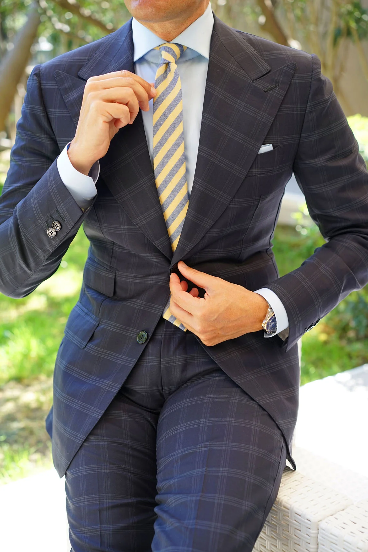 Natbeck Yellow and Blue Bengal Linen Skinny Tie Trendy Cotton-Linen Necktie with Striped Pattern for Casual or Dress