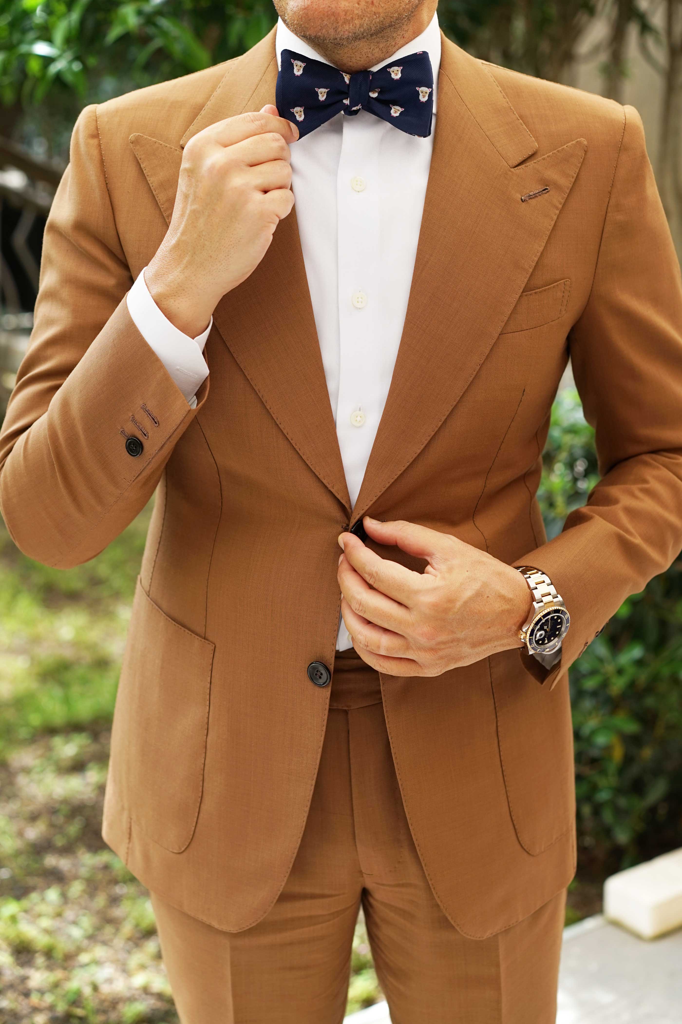 Natbeck White Sheep Self Bow Tie Cute Cotton Self Tie Bow Tie with Sheep Motif for Kids or Adults