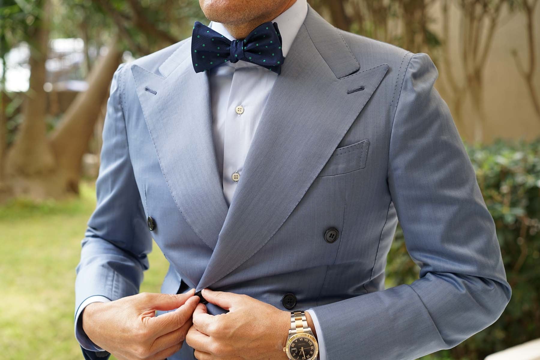 Natbeck Polka Dot Self Tie Bow Tie Elegant Navy Blue With Green