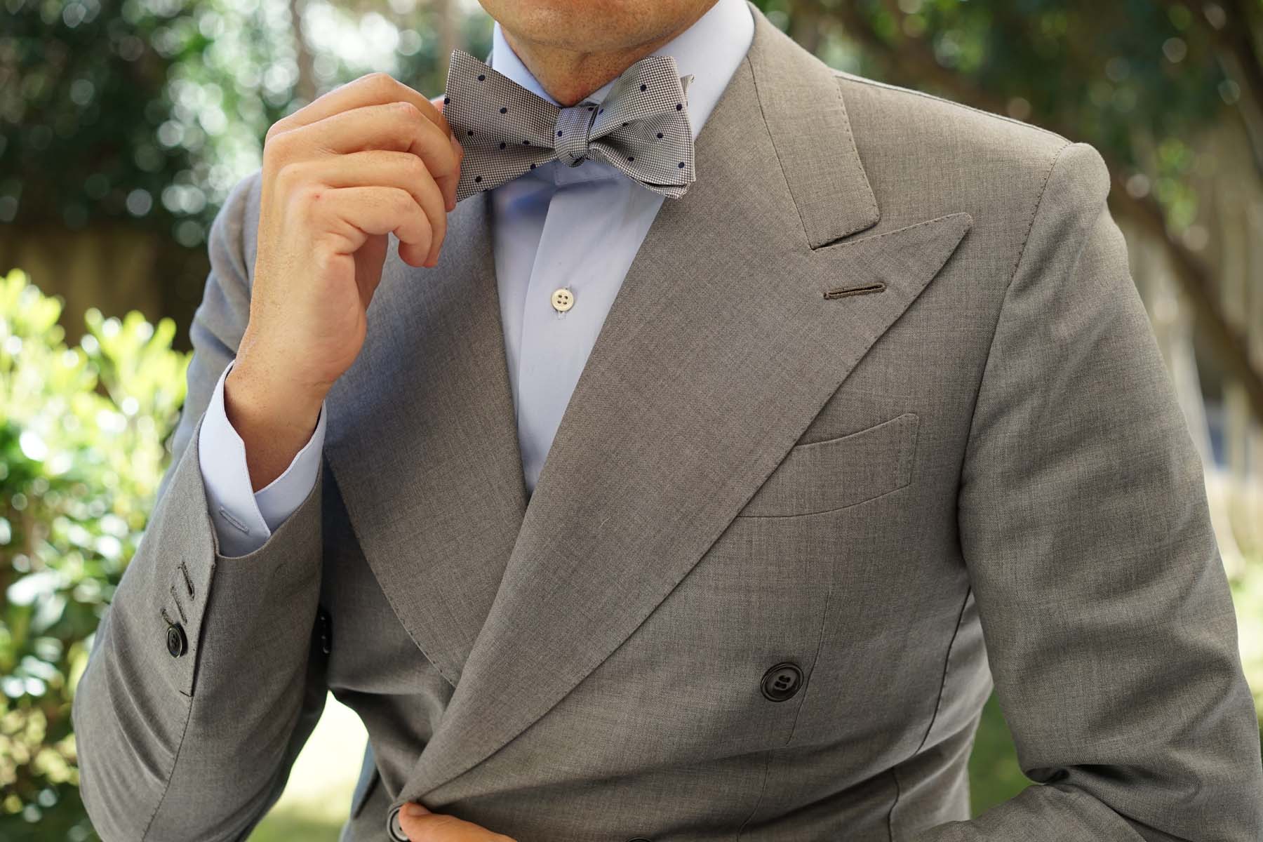 Natbeck Polka Dot Untied Bow Tie Grey with Navy Blue Dots