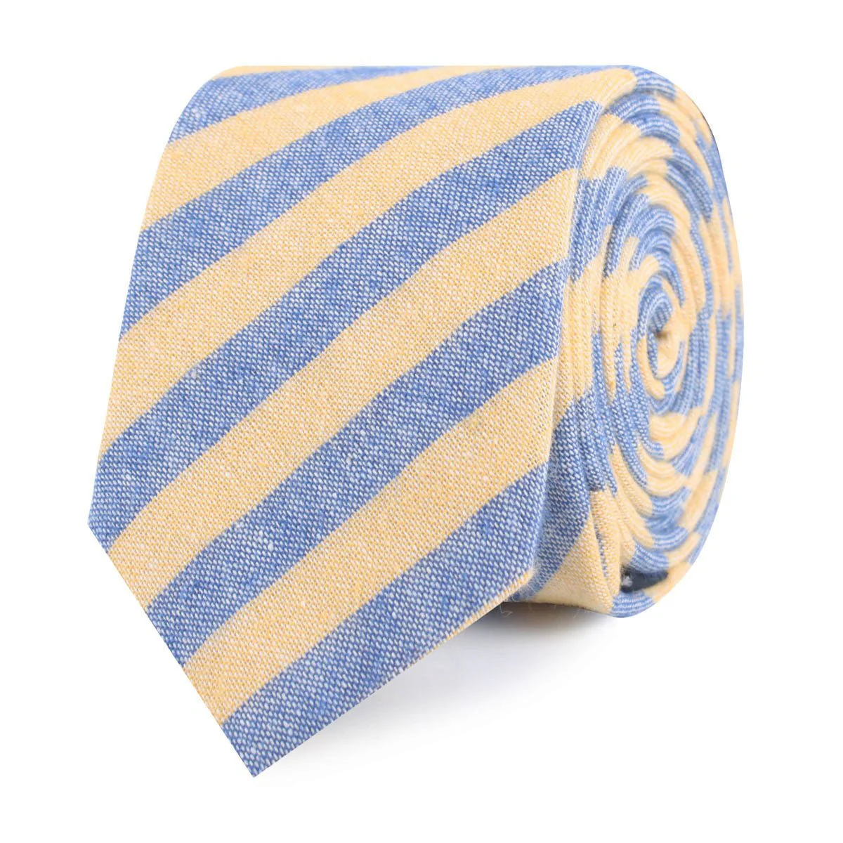Natbeck Yellow and Blue Bengal Linen Skinny Tie Trendy Cotton-Linen Necktie with Striped Pattern for Casual or Dress