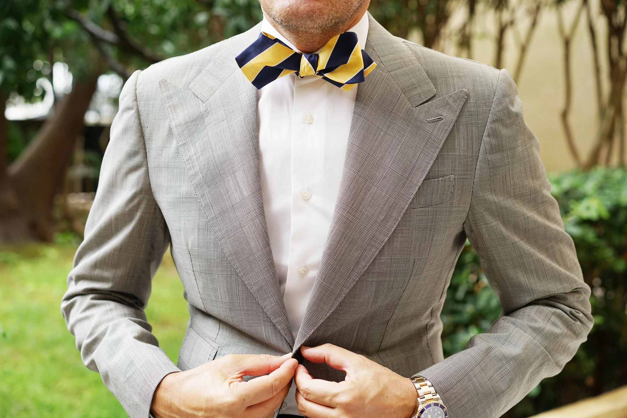 Natbeck Diamond Tip Self Tie Bow Tie Yellow Navy Blue Striped suitable for business meetings