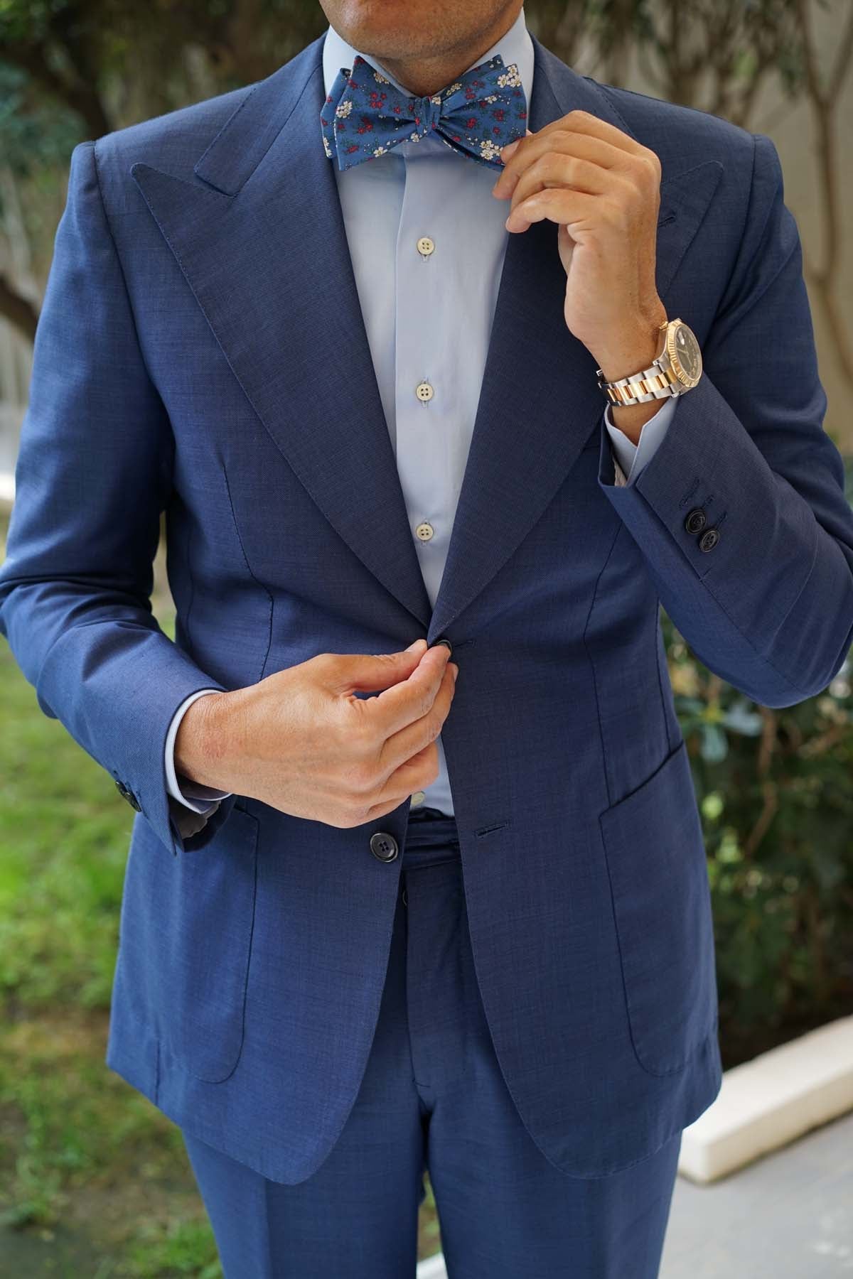 Natbeck Self Tie Bow Tie Ravenna Blue Floral Blue suitable for spring weddings