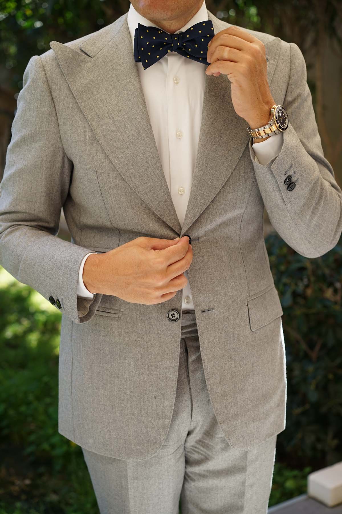 Natbeck Polka Dot Self Tie Bow Tie Elegant Navy Blue With Yellow