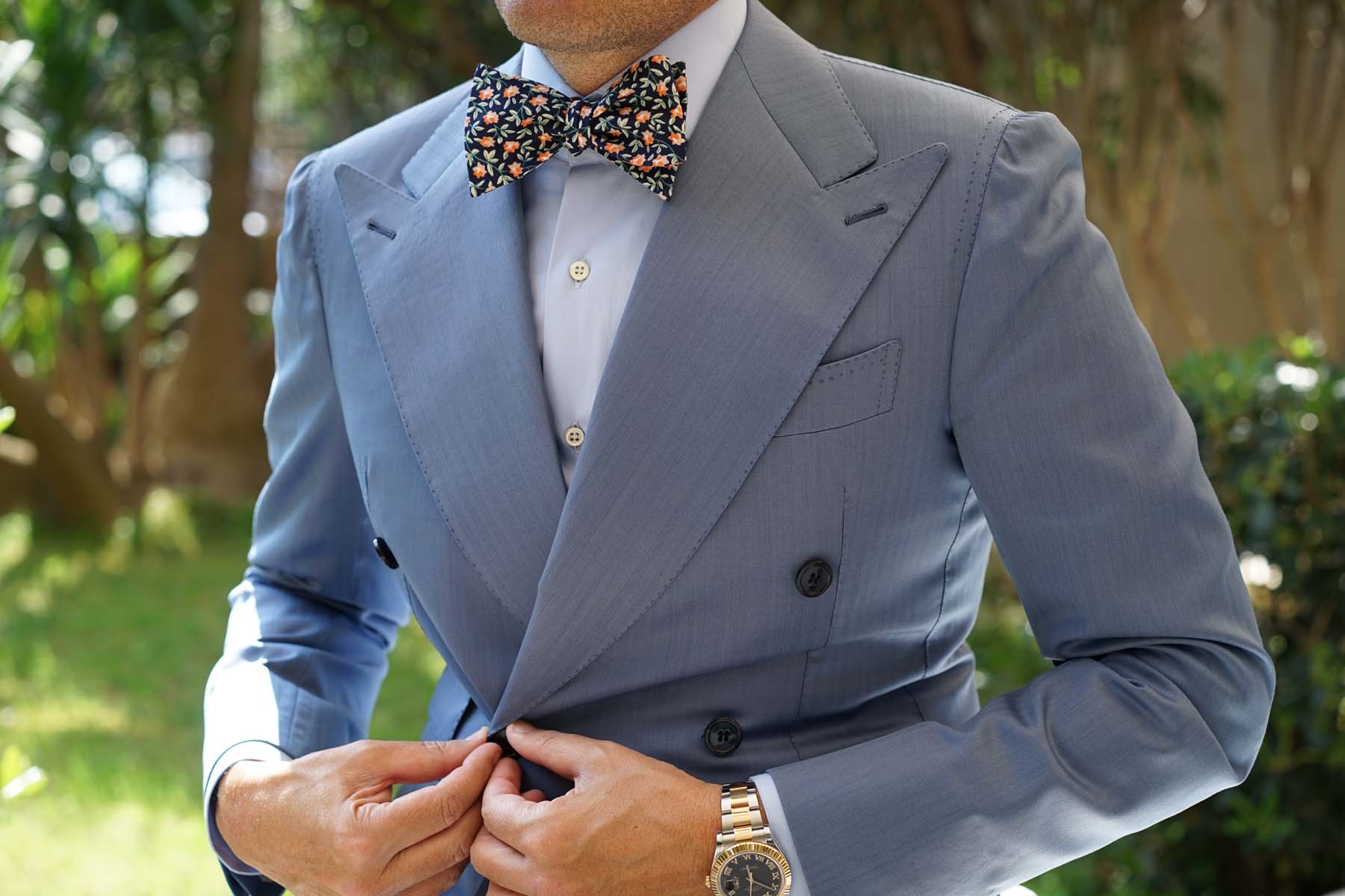 Natbeck Self Tie Bow Tie Santo Domingo Floral Blue suitable for spring weddings