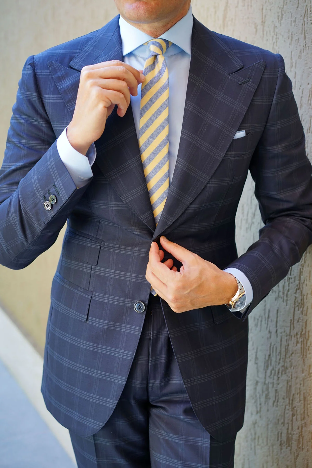 Natbeck Yellow and Blue Bengal Linen Skinny Tie Trendy Cotton-Linen Necktie with Striped Pattern for Casual or Dress