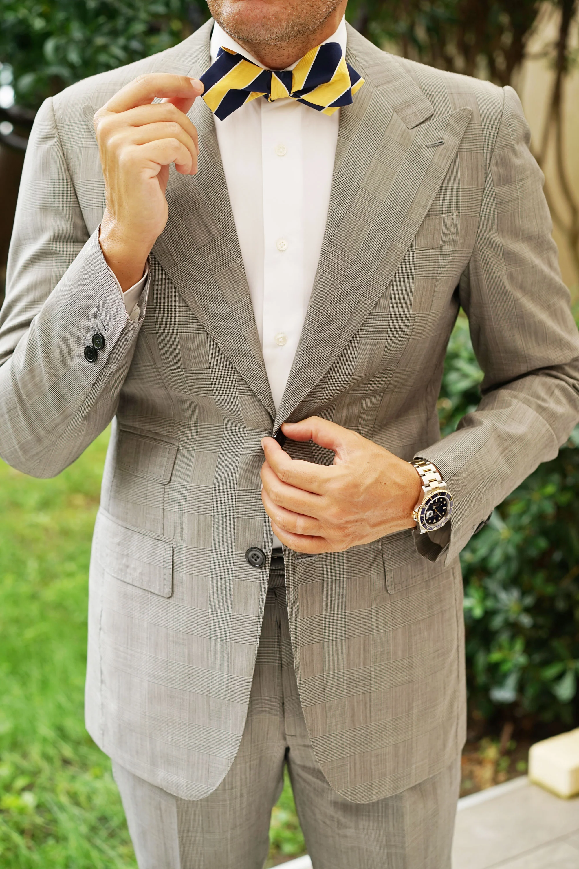 Natbeck Diamond Tip Self Tie Bow Tie Yellow Navy Blue Striped suitable for business meetings