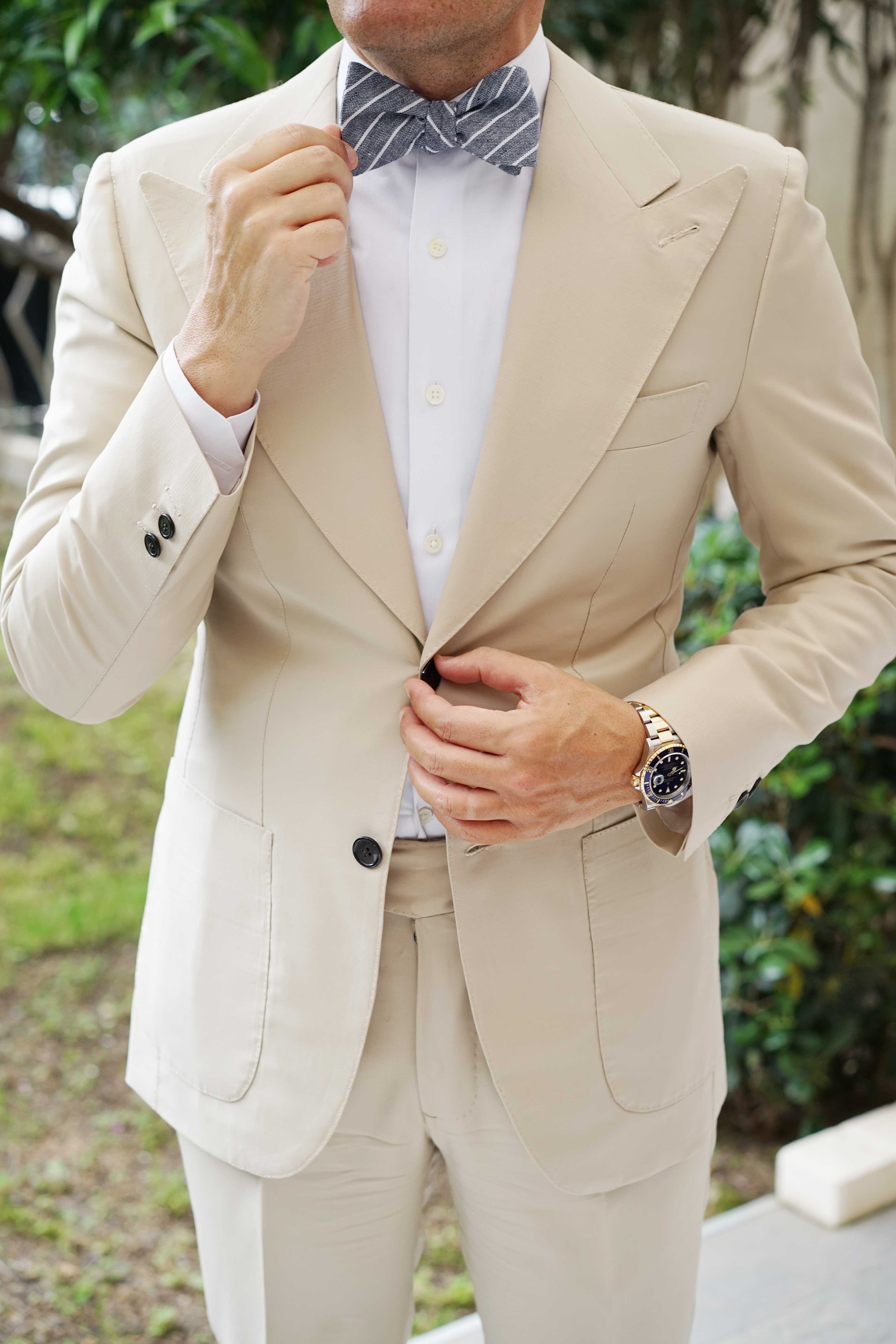 Natbeck Elegant Pinstripe Linen Self Bow Tie for Refined Business and Party Style Blue