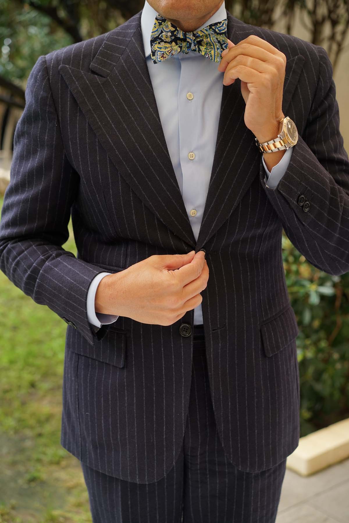 Natbeck Yellow on Blue Paisley Self Bow Tie Stylish Cotton Self Tie Bow Tie with Paisley Pattern