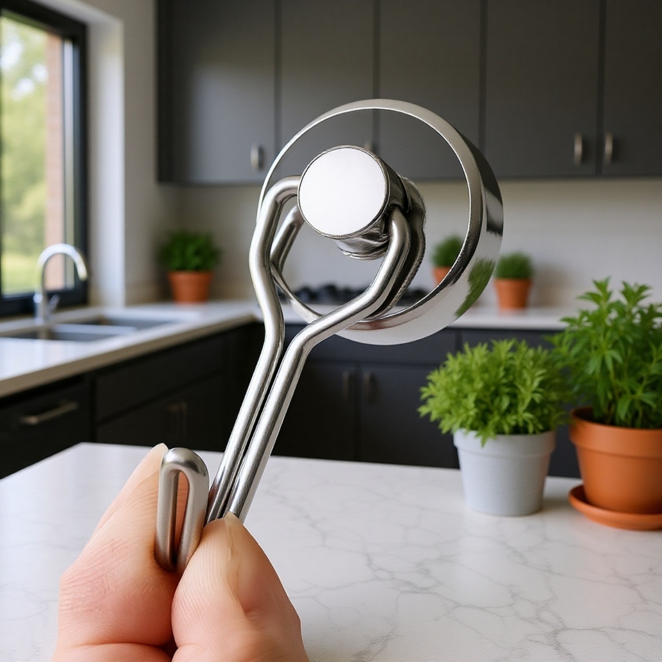 No-drill magnetic hook attached to refrigerator