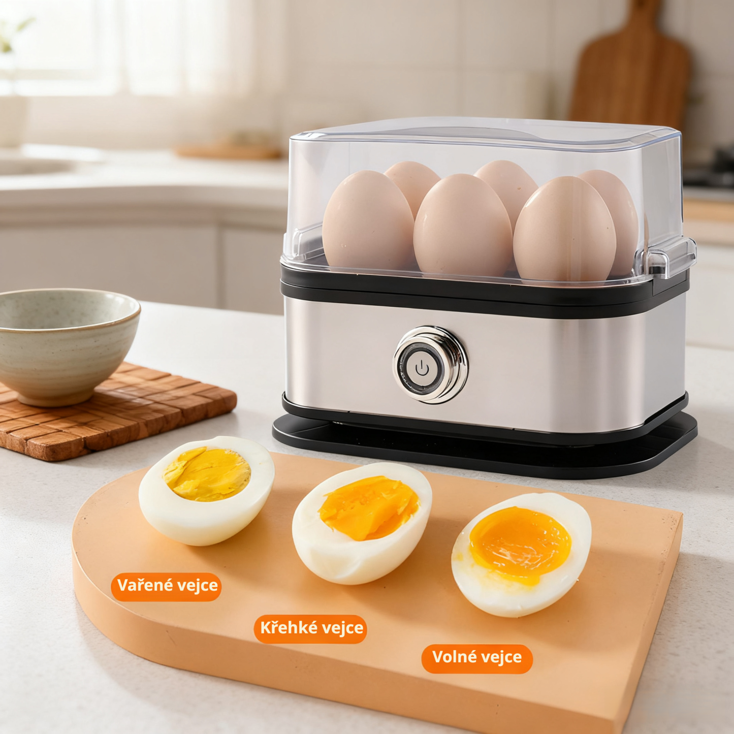 Jednoduchý elektrický napařovač vajec, nerezová ocel, bezpečnostní funkce proti přehřátí