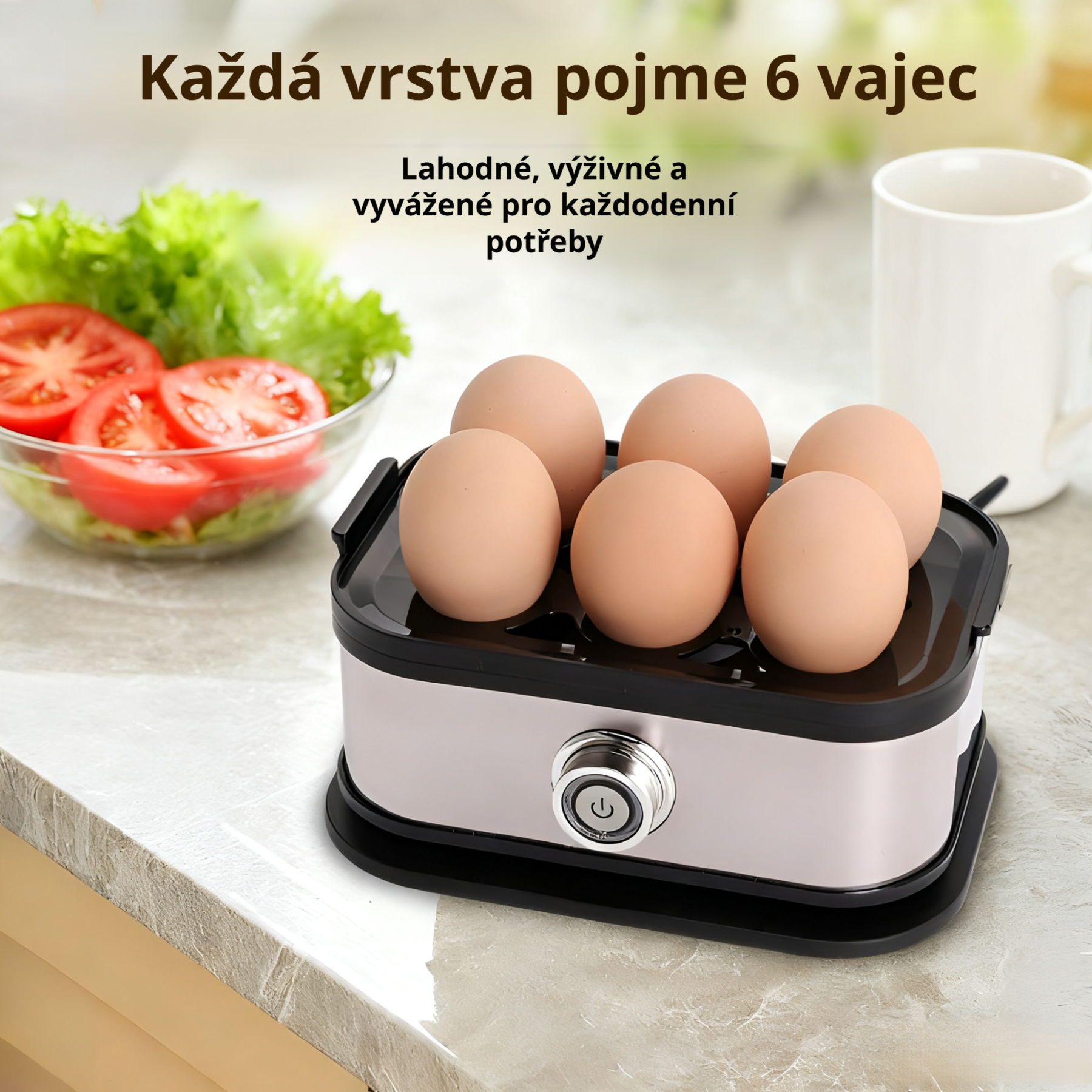 Jednoduchý elektrický napařovač vajec, nerezová ocel, bezpečnostní funkce proti přehřátí