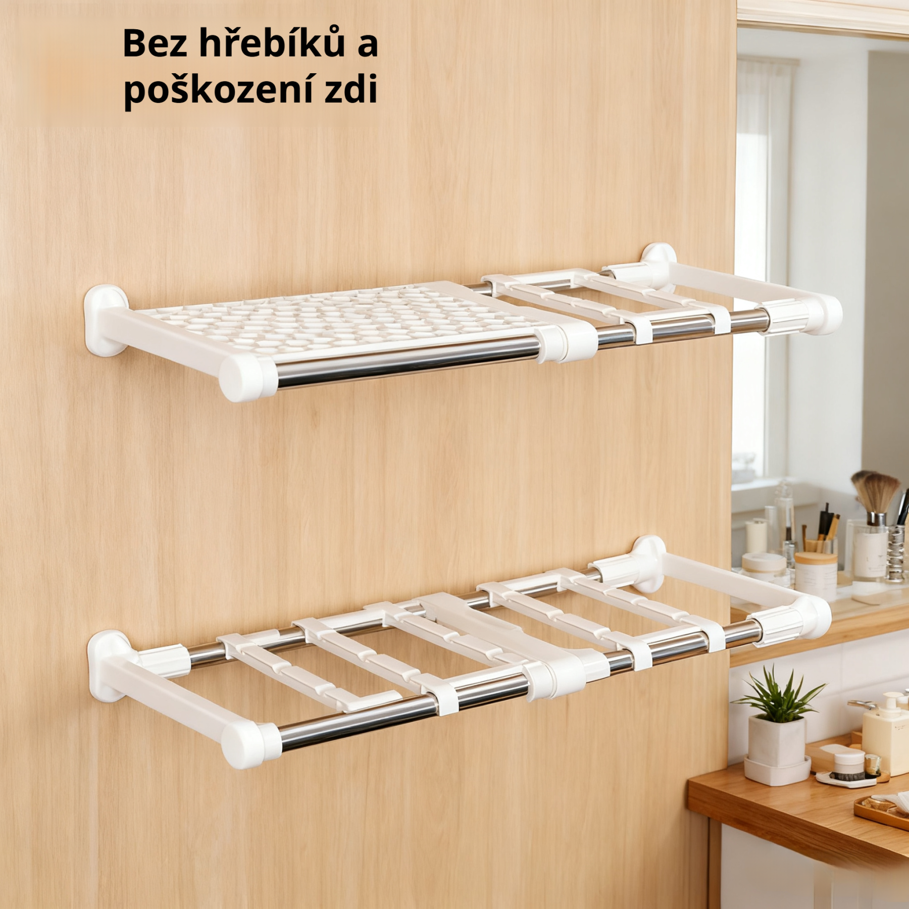 Roztažitelná přihrádka do skříně bez hřebíků pro úložné prostory na koleji