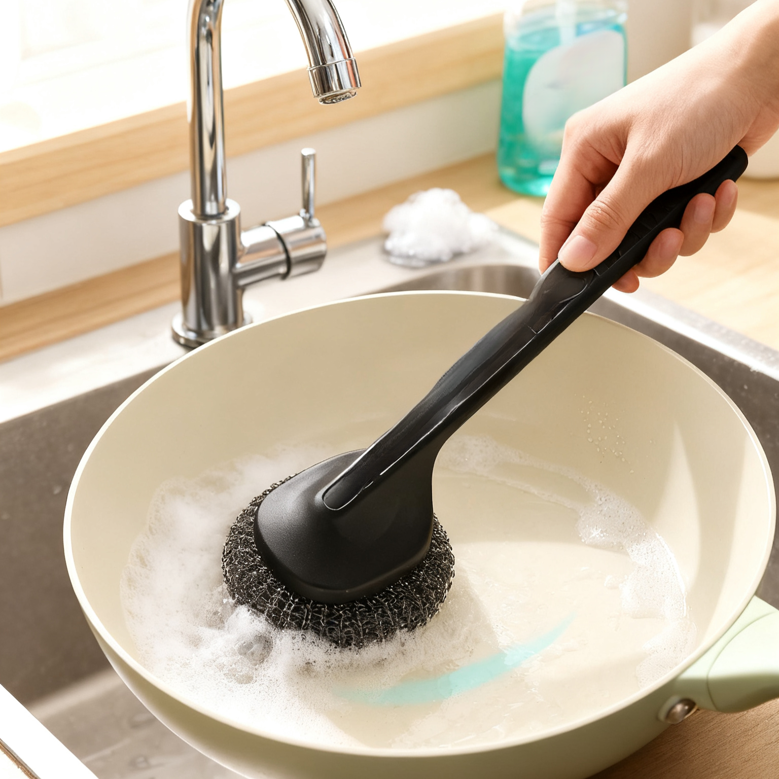 Kartáč na mytí nádobí z nerezové oceli s vyměnitelnou rukojetí