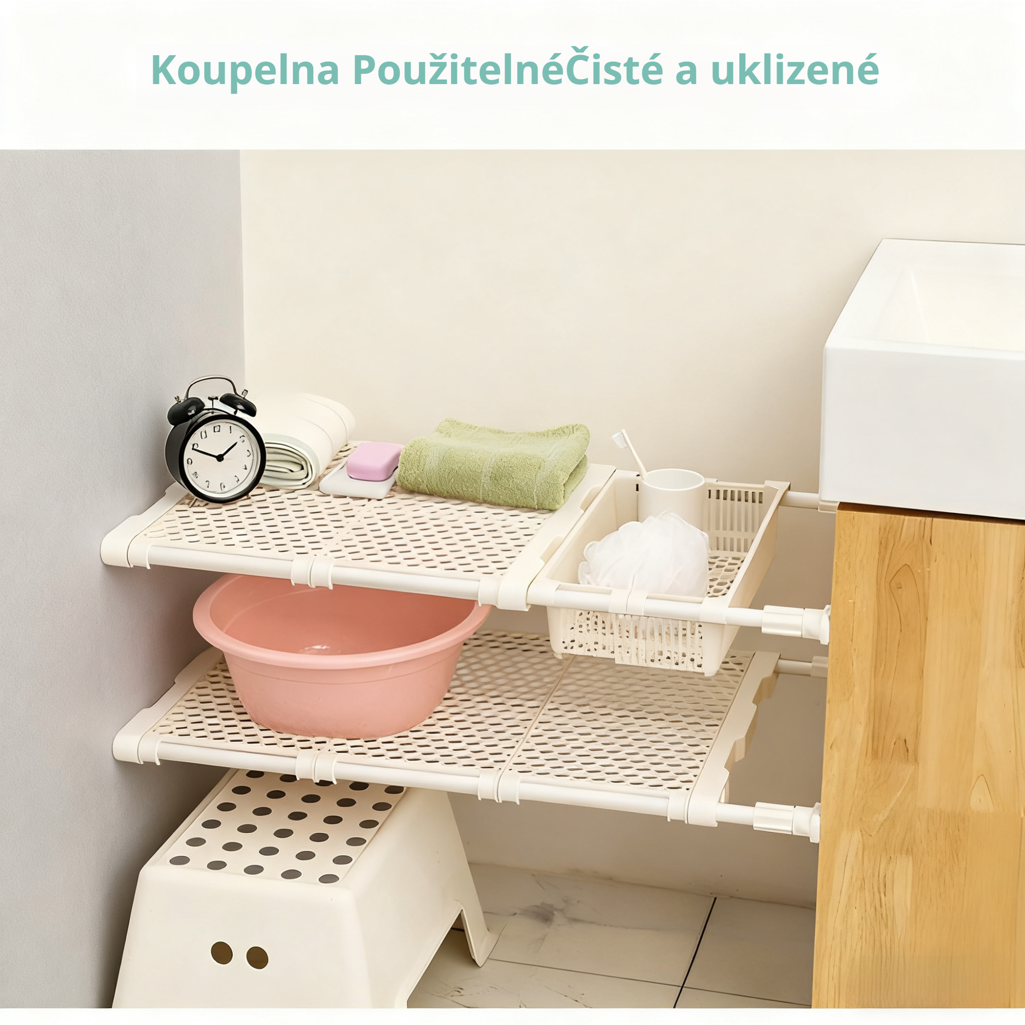 Roztažitelná přihrádka do skříně bez hřebíků pro úložné prostory na koleji