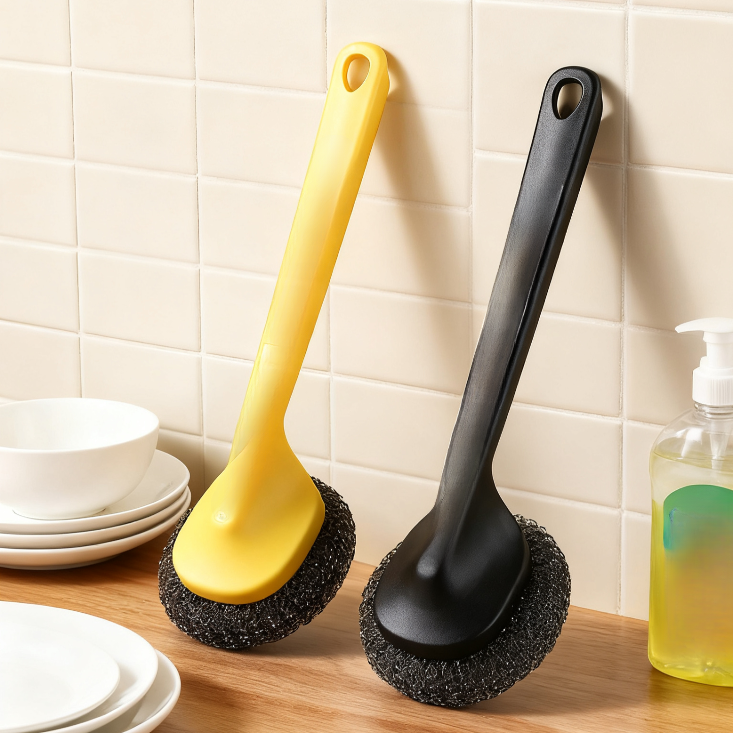 Kartáč na mytí nádobí z nerezové oceli s vyměnitelnou rukojetí