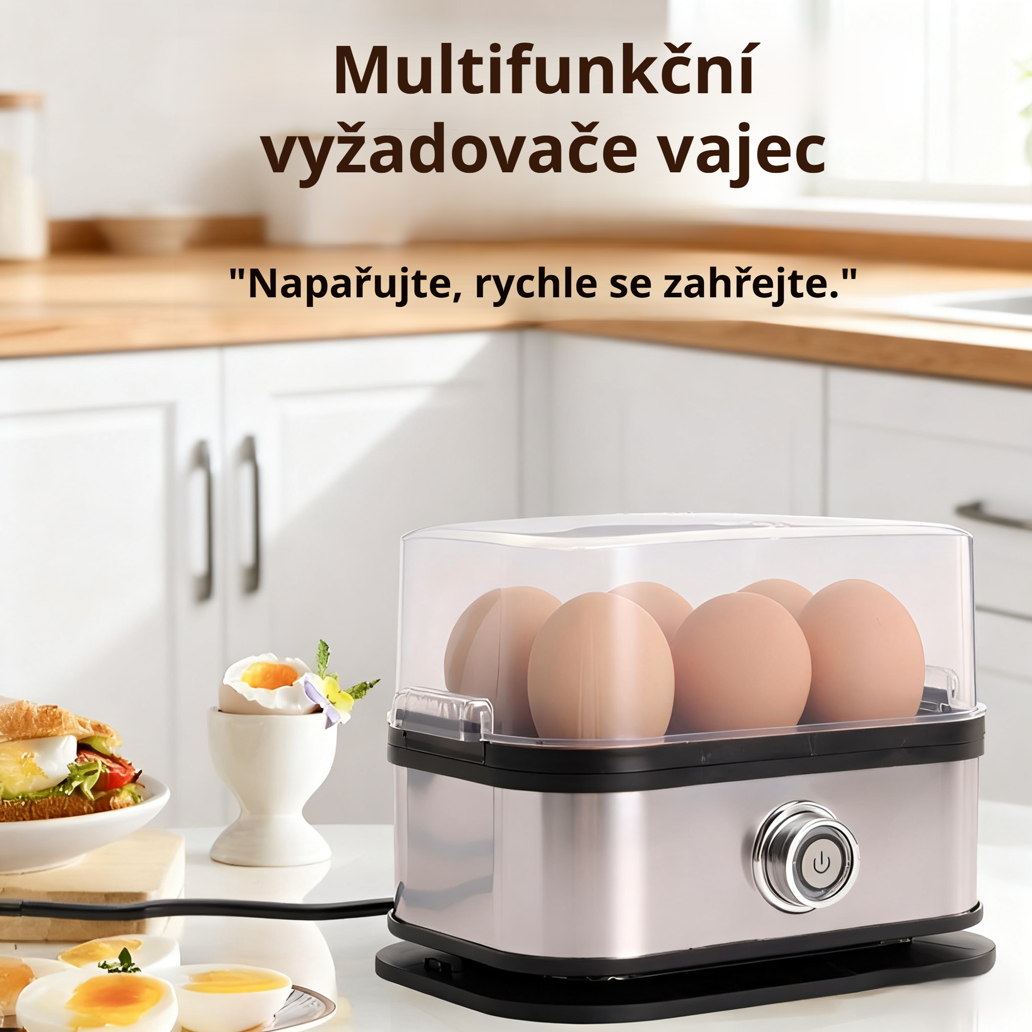 Jednoduchý elektrický napařovač vajec, nerezová ocel, bezpečnostní funkce proti přehřátí