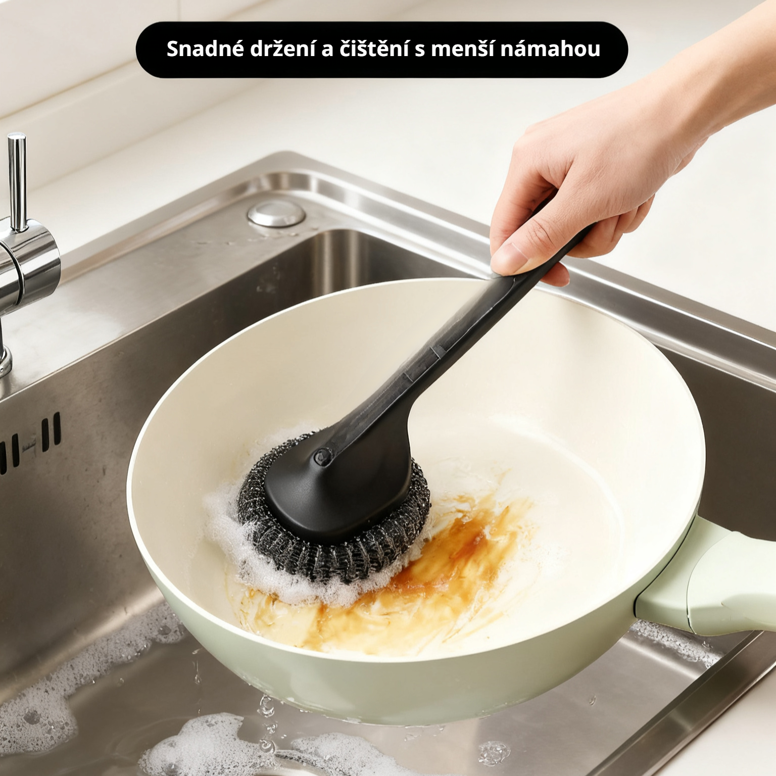 Kartáč na mytí nádobí z nerezové oceli s vyměnitelnou rukojetí