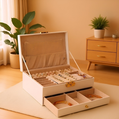 Dwupoziomowe luksusowe pudełko na biżuterię z ekoskóry, szufladowe