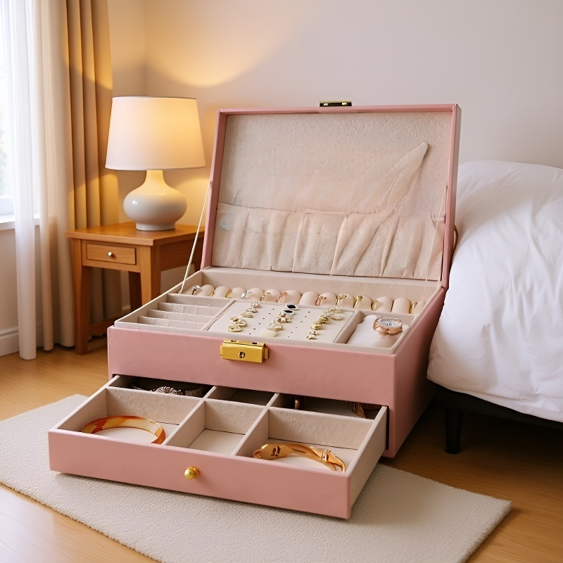 Dwupoziomowe luksusowe pudełko na biżuterię z ekoskóry, szufladowe