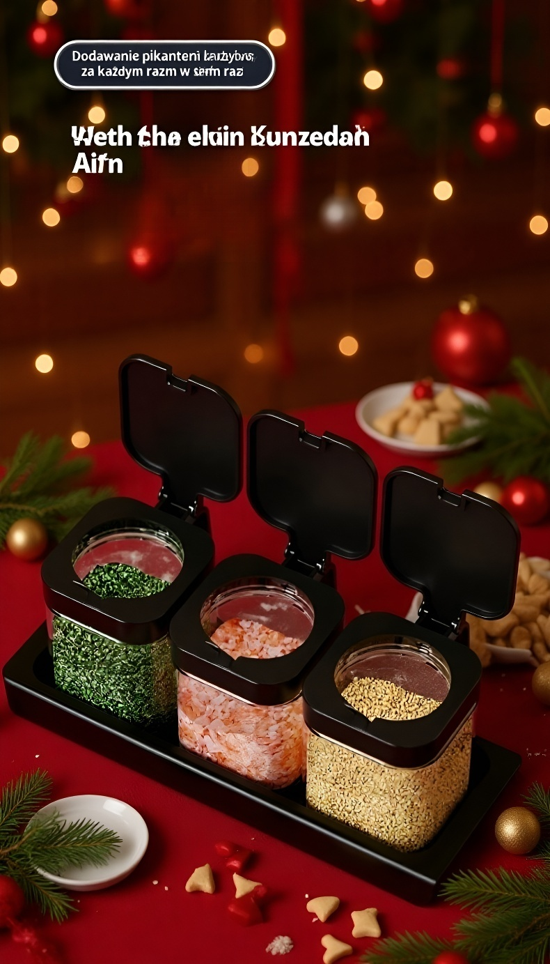 Szklany pojemnik na przyprawy z łyżeczką na stole kuchennym