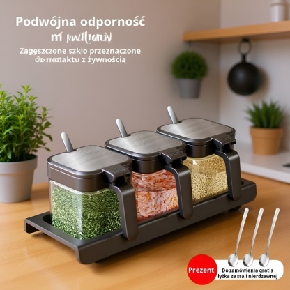  Szklany pojemnik na przyprawy z łyżeczką