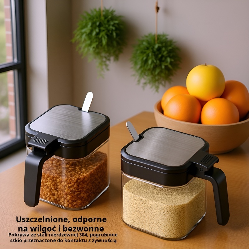  Szklany pojemnik na przyprawy z łyżeczką