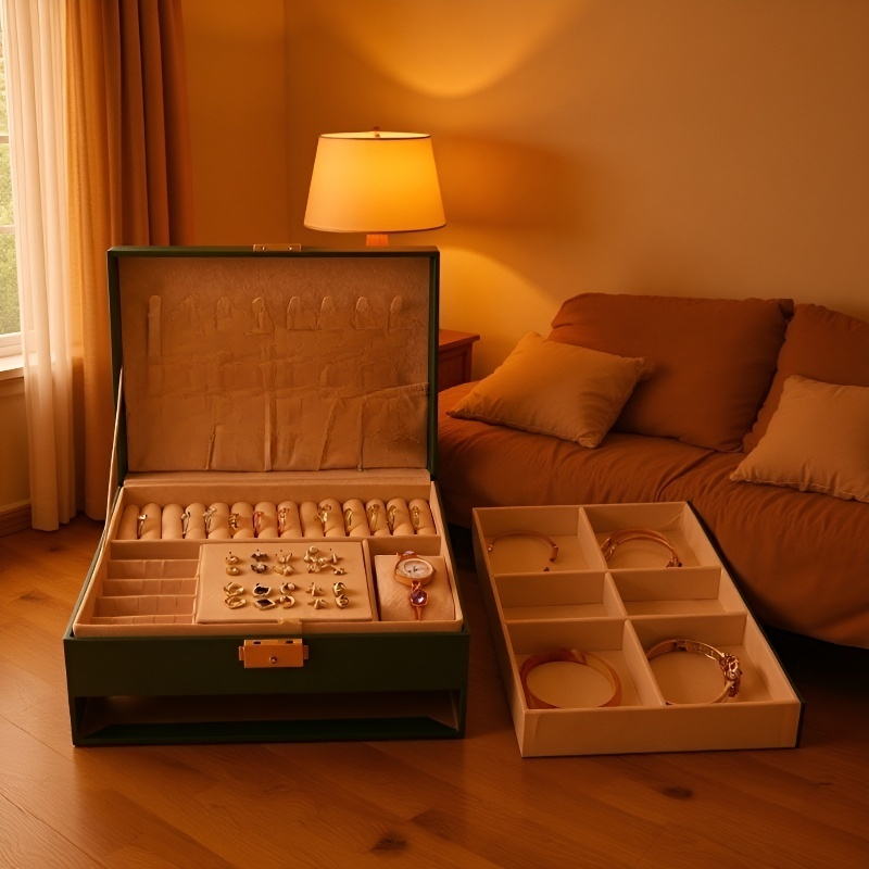 Dwupoziomowe luksusowe pudełko na biżuterię z ekoskóry, szufladowe