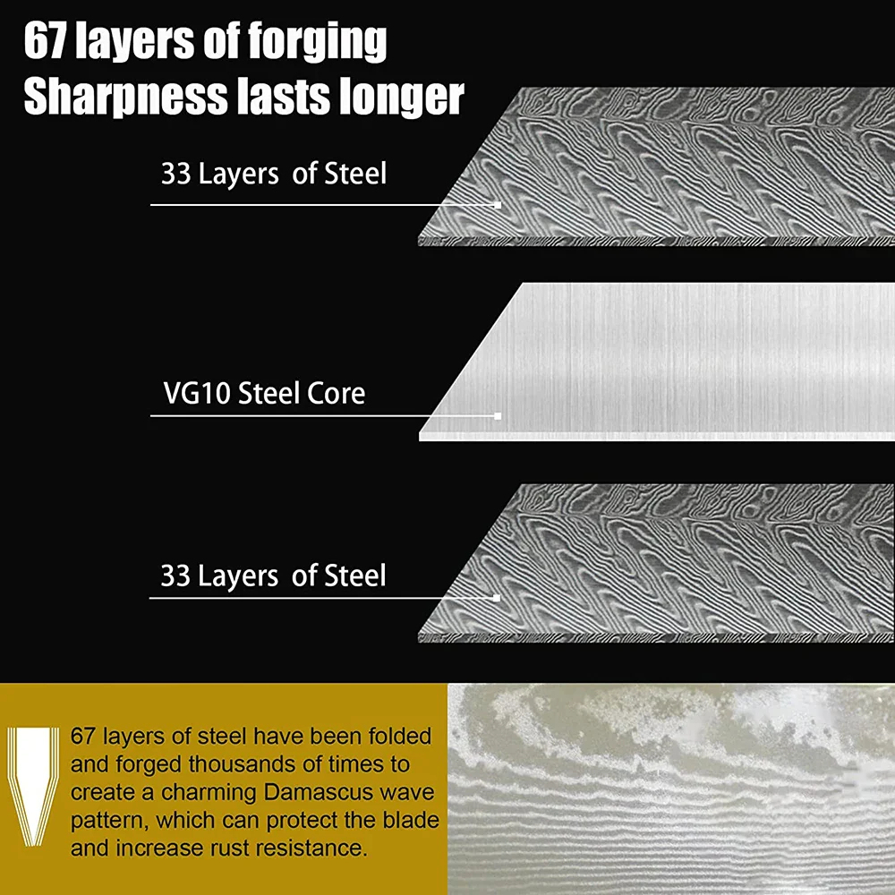Conjunto de faca de chef de 67 camadas forjada à mão em aço Damasco