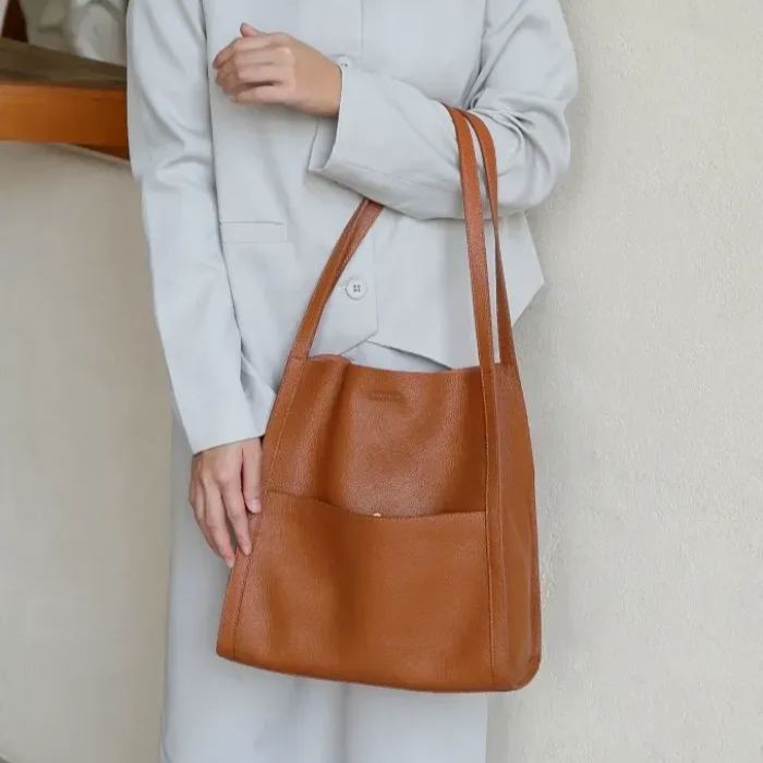 👜GEANTĂ DE UMĂR MONOCROMĂ SIMPLĂ DIN PIELE NATURALĂ