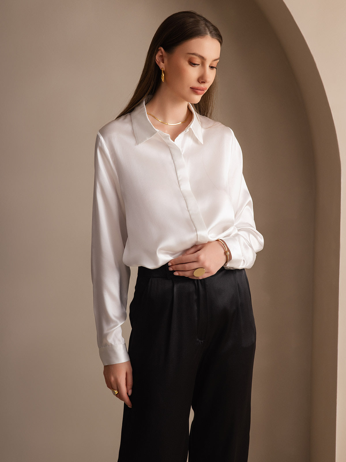 Silk Long Sleeve Lapel Collar Women's Shirt