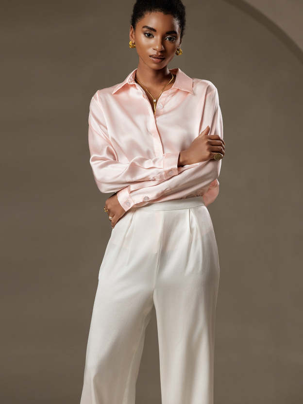 Silk Long Sleeve Lapel Collar Women's Shirt