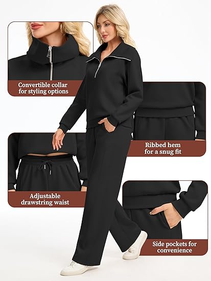 2025 New Women's Two-Piece Casual Set: Collared Half-Zip Sweatshirt paired with wide-leg pants, perfect for casual travel and vacation wear.