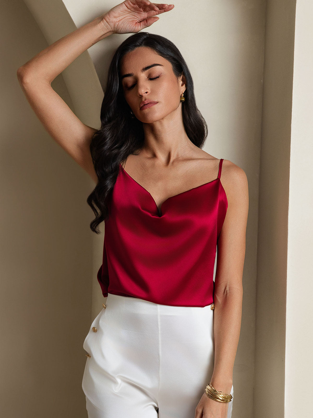 Silk Spaghetti Strap Cowl Neck Camisole Top