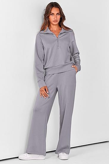 2025 New Women's Two-Piece Casual Set: Collared Half-Zip Sweatshirt paired with wide-leg pants, perfect for casual travel and vacation wear.