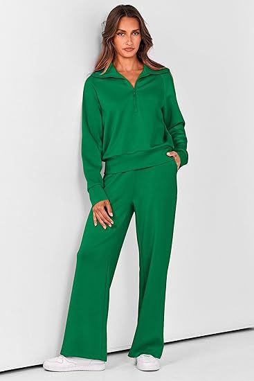 2025 New Women's Two-Piece Casual Set: Collared Half-Zip Sweatshirt paired with wide-leg pants, perfect for casual travel and vacation wear.