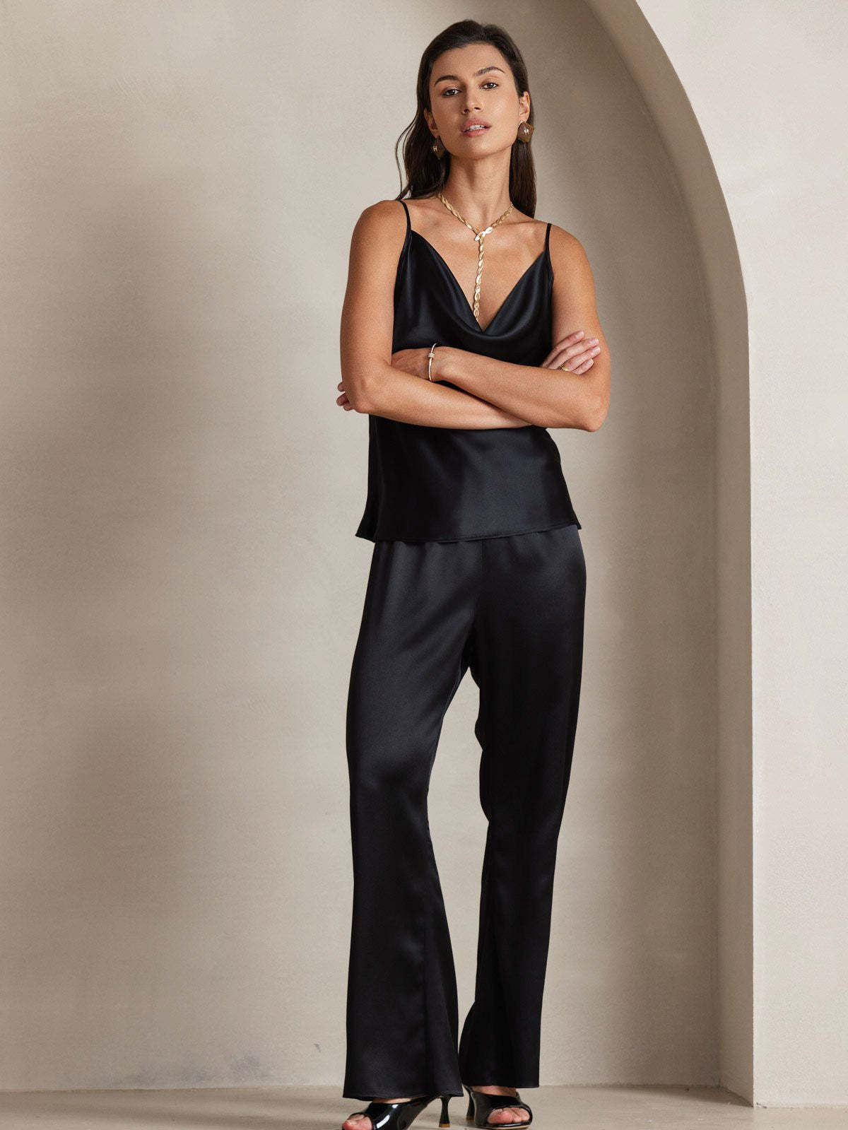 Silk Spaghetti Strap Cowl Neck Camisole Top