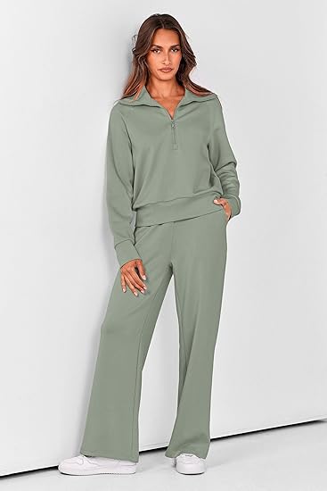 2025 New Women's Two-Piece Casual Set: Collared Half-Zip Sweatshirt paired with wide-leg pants, perfect for casual travel and vacation wear.