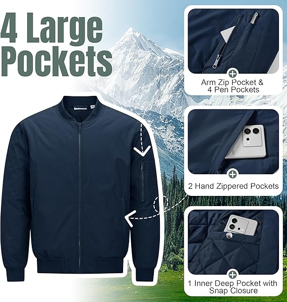 Men's Lightweight Casual Pilot Windproof Zip-Up Jacket with Pockets