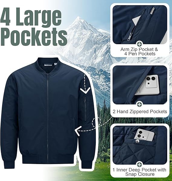 Men's Lightweight Casual Pilot Windproof Zip-Up Jacket with Pockets