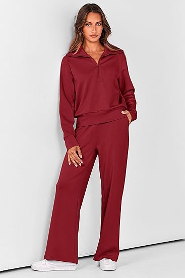 2025 New Women's Two-Piece Casual Set: Collared Half-Zip Sweatshirt paired with wide-leg pants, perfect for casual travel and vacation wear.