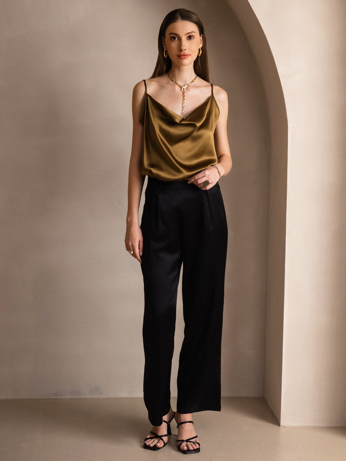 Silk Spaghetti Strap Cowl Neck Camisole Top