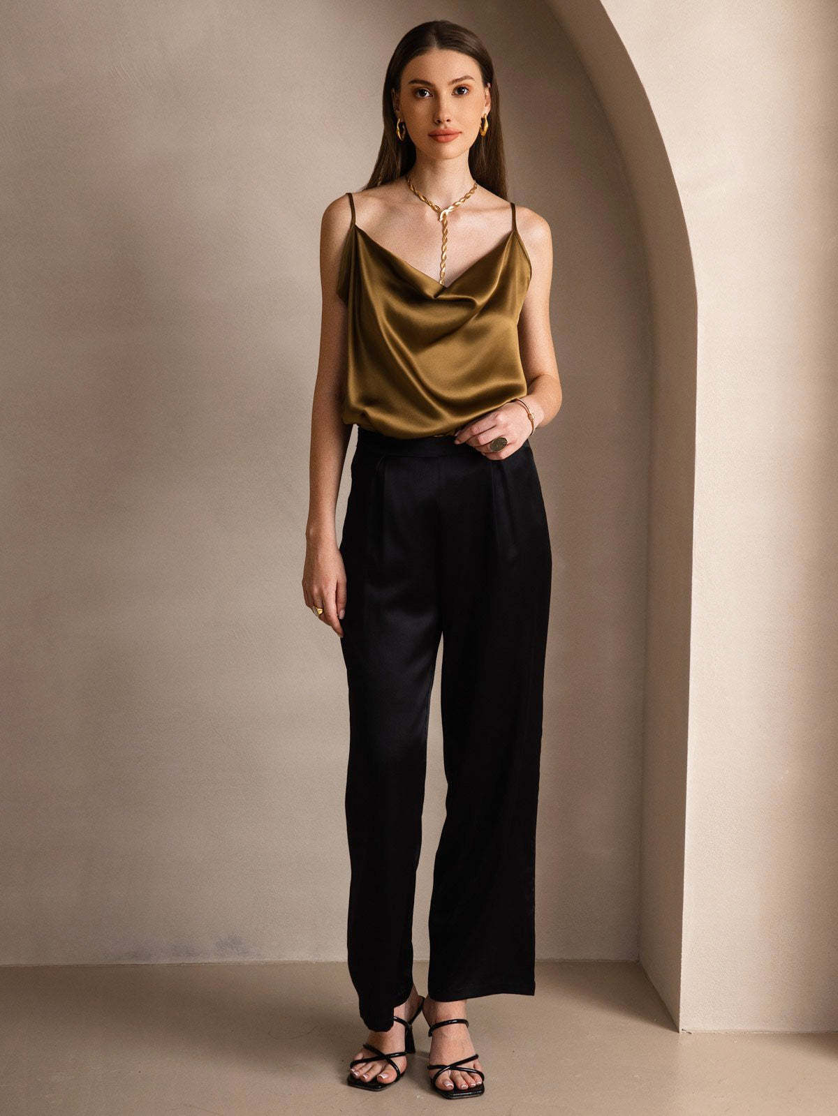 Silk Spaghetti Strap Cowl Neck Camisole Top
